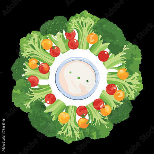 Holiday Salad Wreath with Broccoli and Red Berries, Featuring a Central Bowl of Creamy Ranch Dressing - Vector Illustration