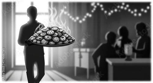 Silhouette of a person serving a large steaming platter of food.