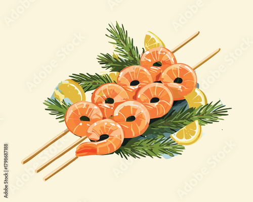 Delicious Grilled Shrimp Skewers or Kebabs Garnished with Lemon and Pine Sprigs for a Festive Meal - Vector Illustration