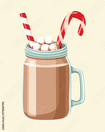 Cozy Hot Chocolate or Cocoa in a Mason Jar Mug Topped with Fluffy Marshmallows and a Candy Cane - Vector Illustration