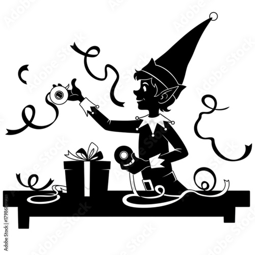 Silhouette of a Christmas elf joyfully wrapping a holiday gift with ribbons.