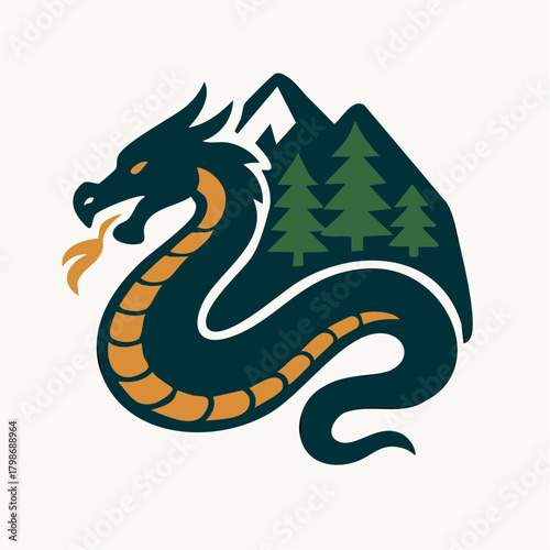 vector logo illustration of a mountain dragon and tree