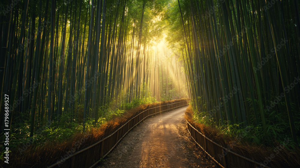 Obraz premium Sunlit Bamboo Forest Path