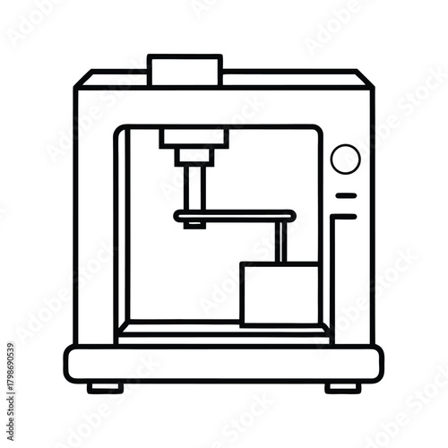 Black and white line art illustration of a3D printer 3D printer additive manufacturing