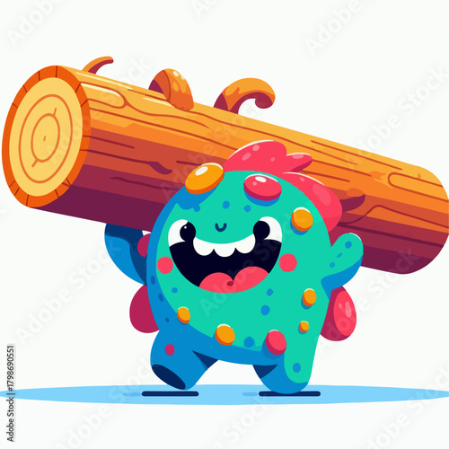 cartoon vector illustration of a monster carrying a large log