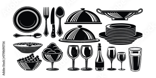 Black Silhouette Collection of Dinnerware Cutlery and Serving Dishes plate bowl