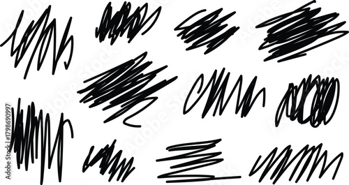 Collection of hand drawn black scribbles and messy lines on a white background