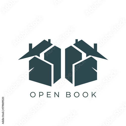 Creative open book logo design forming two abstract houses.