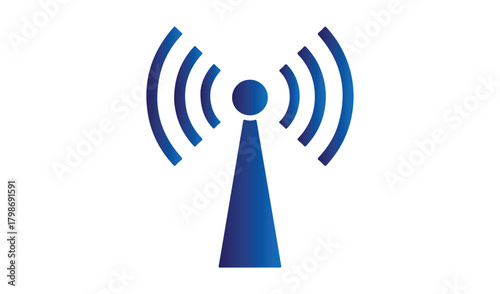 Blue wi fi tower icon with radio waves on white background
