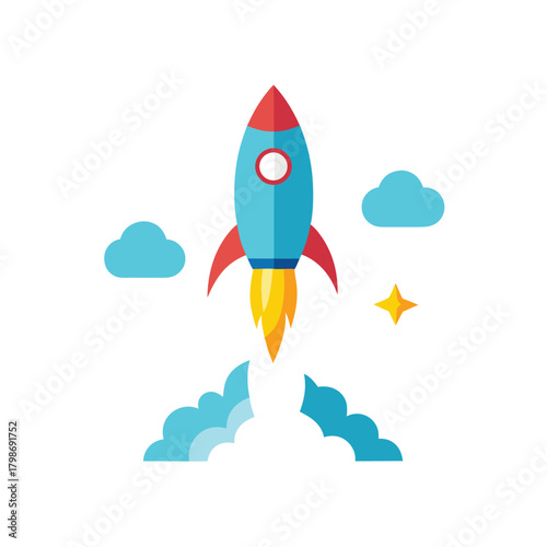 Blue Rocket Launching with Clouds Stars and Fiery Exhaust Keywords: rocket, spaceship, launch, space, exploration, travel, science, technology