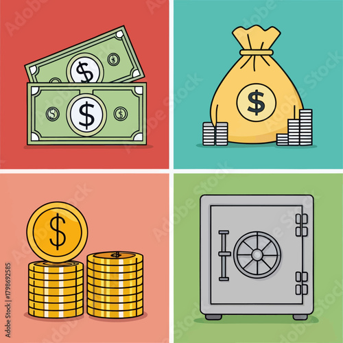 Flat design money currency icons representing banking and finance