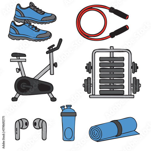 a set of fitness illustration icons or gym equipment icons illustration style