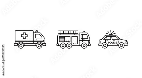 Emergency Vehicles Icons Ambulance, Fire Truck, Police Car Line Art