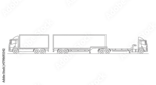 Vector line art collection of heavy commercial vehicles showing different truck and trailer configurations, including a tractor unit, a semi-trailer truck, and a road train