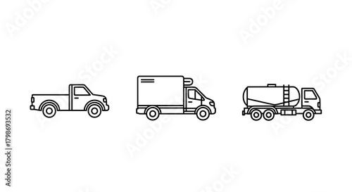 Collection of simple line art icons depicting a pickup truck, a refrigerated van, and a tanker truck on a white background