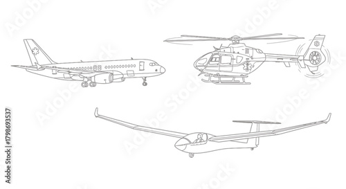 Variety of Aircraft in Line Art Detailed Outline Illustrations of a Commercial Jet, a Versatile Helicopter, and an Elegant Glider, Representing Different Modes of Air Travel