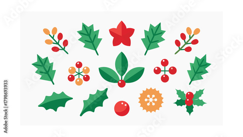 Collection of Flat Christmas Icons with Holly Berries and Leaves Keywords: christmas, holiday, holly, berry, leaf, icon, set, collection