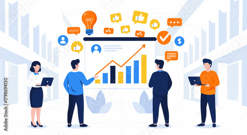Business growth and success through teamwork and strategy analysis, visualized by a rising graph and interactive icons