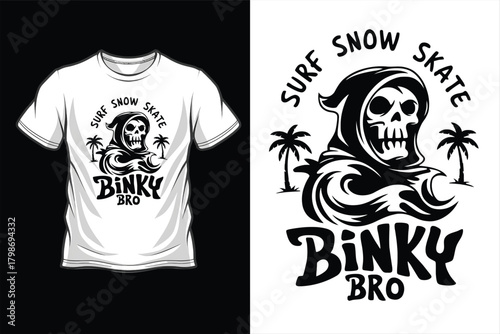 Grim reaper surfing, snowboarding, and skateboarding with palm trees