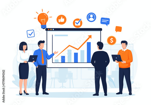 Business Team Collaborating on Financial Growth Strategy with Data Analytics and Innovative Ideas on a Whiteboard Display