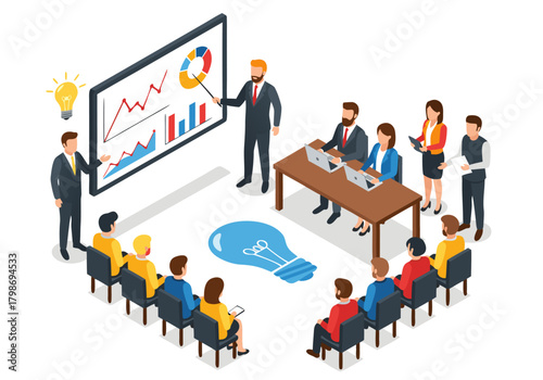Professional business presentation showcasing data analysis and strategic planning in a dynamic meeting environment with engaged participants and innovative concepts