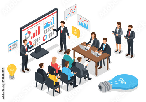 Isometric illustration showcasing a corporate team collaborating on data analysis and strategic planning during a modern business presentation with charts and ideation elements