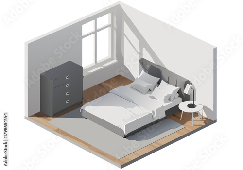 Isometric vector illustration of a minimalist bedroom interior scene. Modern home furniture layout with bed and dresser in monochrome. c