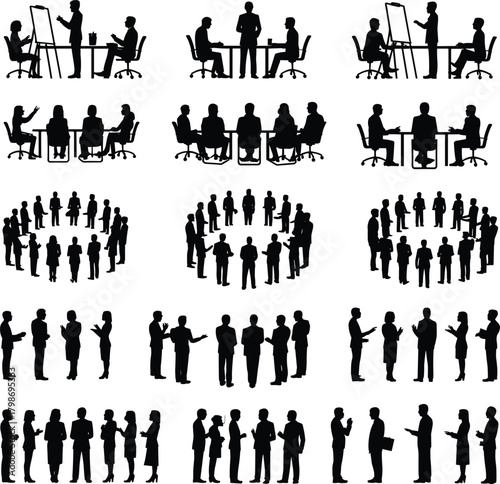 Business people silhouette set showing teamwork, meetings, presentations, and professional interactions for corporate communication and organizational behavior concepts