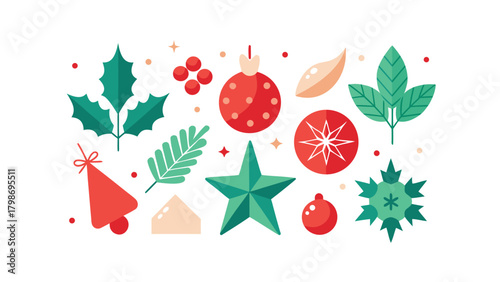 Flat Christmas Icons Featuring Ornaments Stars Holly and Bells Keywords: christmas, holiday, icon, set, collection, ornament, bauble, star, holly