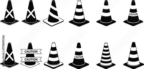 Collection of traffic cones in various designs and caution markings, illustrating road safety equipment, construction zone warnings, and barrier hazard indicators for vector graphics.