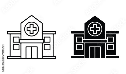 Two stylized icons of a hospital building with a cross symbol