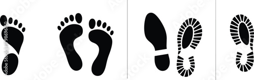 Footprint and shoe print silhouettes showing human feet, walking steps, barefoot marks, boot soles, and tracking symbols designed for path illustration, direction indicators, and trail graphics.