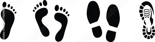 Footprint Silhouettes – Bare Feet and Shoe Prints Comparison for Gait Study, Forensic Analysis, Footwear Design, Motion Tracking, Human Step Icons