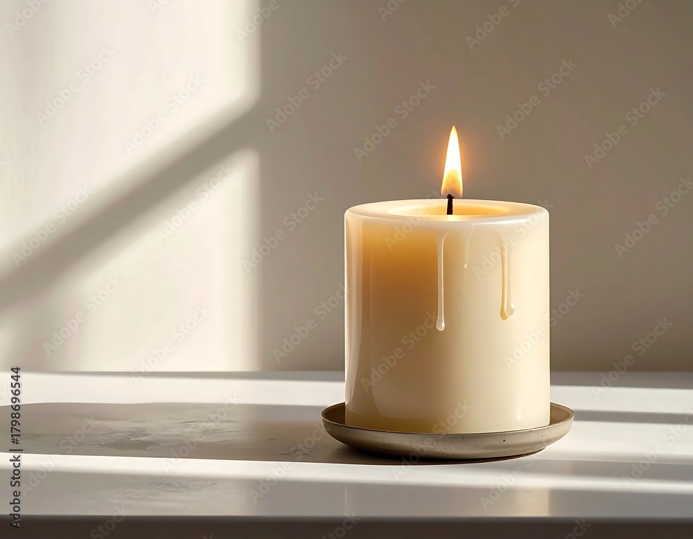 custom made wallpaper toronto digitalA lit beige pillar candle sits on a stone base, its wax softly melting. Shadows frame the scene on a white surface