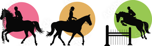 Horseback Rider Silhouettes in Motion, Calm, and Jumping Poses – Equestrian Sport, Horse Riding, Jumping Fence, Rider Action, Outdoor Activity Icons
