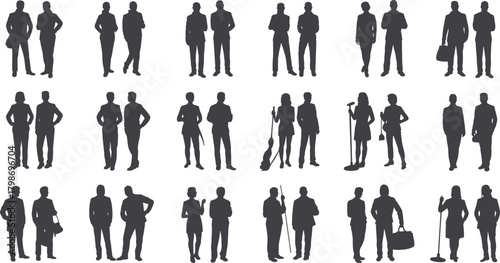 Human Silhouettes in Diverse Standing Poses – Professional and Casual Figures, Social Interaction, Activity Icons, People Outline Set, Lifestyle Representation