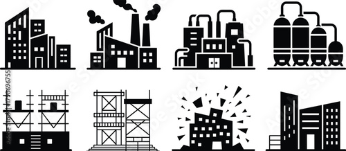 Industrial and Urban Building Silhouettes – Factory, Power Station, High-Rise, Construction Site, Infrastructure Icons, Urban Decay, Chemical Plant, Cityscape Elements