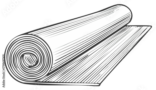 Sketch Illustration of Rolled-up Yoga Mat, Fitness, Pilates Equipment, Unrolled Section