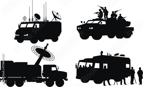 Military Vehicle Silhouettes with Communication and Combat Systems – Tactical Trucks, Satellite Dishes, Antennas, Armored Units, Mobile Command Centers, War Equipment Icons
