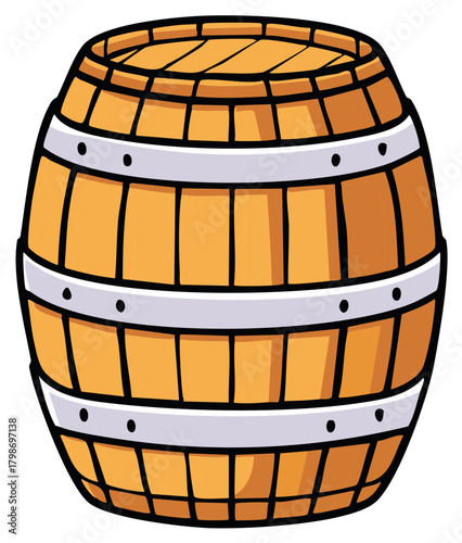 Cartoon Wooden Barrel with Metal Bands Illustration of a Classic Container