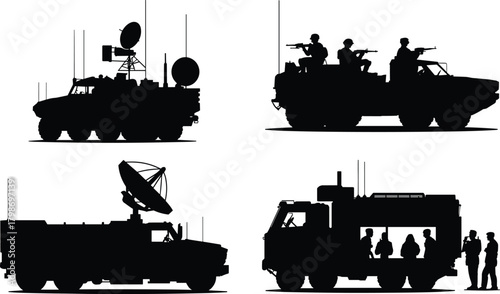 Military Vehicle Silhouettes with Communication and Surveillance Systems – Tactical Trucks, Satellite Dishes, Antennas, Combat Units, Mobile Command Centers, Defense Icons