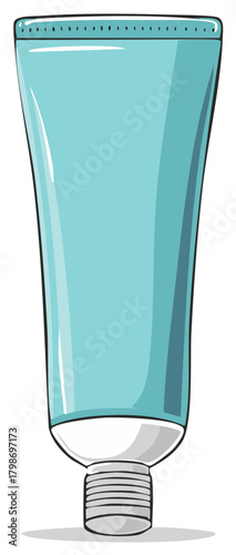 Cartoon illustration of a blue cosmetic cream tube. Hand drawn design.