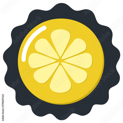 Sweet lemon pie tart illustration with bright yellow citrus fruit slice and decorative wavy crust