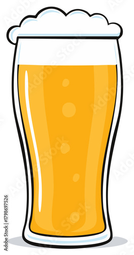 A tall glass filled with golden beer and foamy head