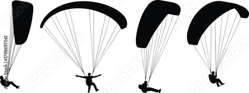 Paraglider silhouettes set featuring diverse flying poses and canopy shapes, ideal for extreme sports graphics, outdoor adventure themes, aerial recreation designs, and vector illustrations.