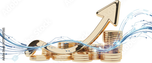Gold coins stacked, financial growth, upward arrow, digital economy, investment success, wealth increase, fintech concept, economic progress, abstract illustration
