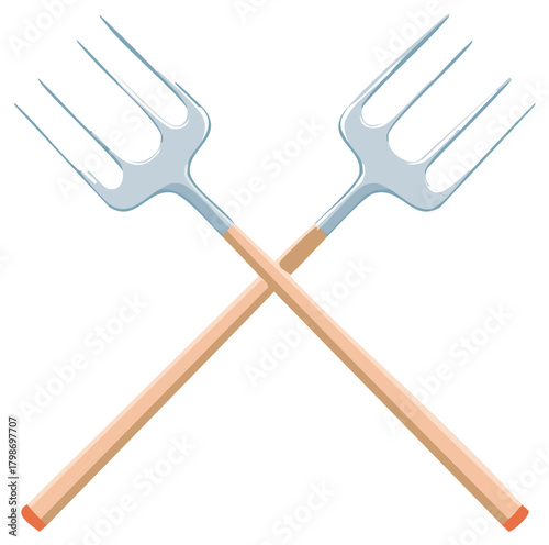 Crossed farm tools illustration, two pitchforks on light background.