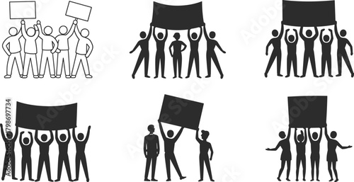 Protest Silhouettes with Banners and Signs – Demonstration, Unity, Activism, Public Voice, Social Movement, Collective Action, Civic Engagement, Crowd Expression Icons
