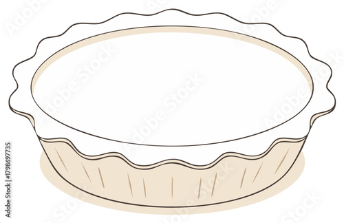 Empty pie crust illustration in light colors, drawing with shadows. Isolated dessert item.
