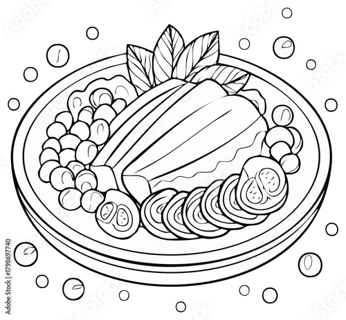 Coloring book page of a plated main course with vegetables and garnish